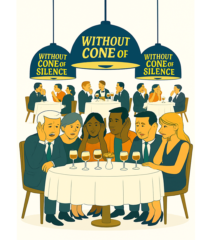 Guests comfortably conversing under Cone of Silence fixtures in a lively cafeteria setting.